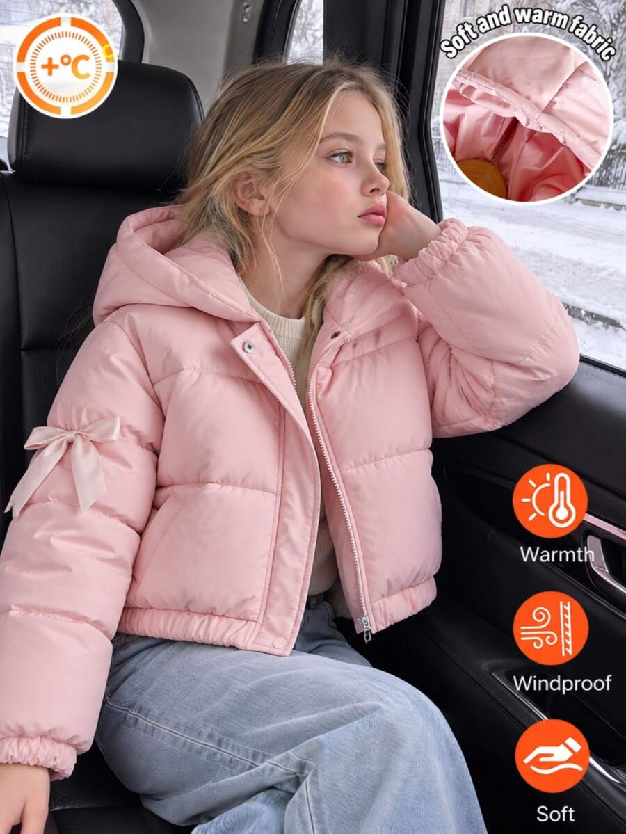 SHEIN Cute Kawaii Thick Hooded Winter Jacket For Tween Girls, Long Sleeve, Fleece, Baby‑Pink Coat With 3D Bow Decor - Pink - View 1