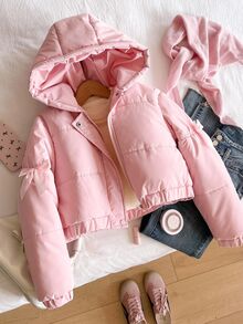 SHEIN Cute Kawaii Thick Hooded Winter Jacket For Tween Girls, Long Sleeve, Fleece, Baby‑Pink Coat With 3D Bow Decor - Pink - View 3