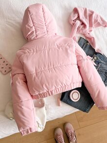 SHEIN Cute Kawaii Thick Hooded Winter Jacket For Tween Girls, Long Sleeve, Fleece, Baby‑Pink Coat With 3D Bow Decor - Pink - View 2