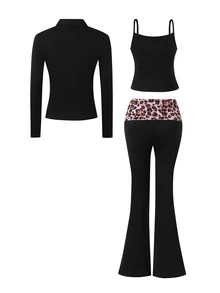SHEIN 女童黑色豹紋3件套：立領夾克 + 吊帶背心 + 喇叭褲，完整日常穿搭。修身不緊身，溫柔優雅。適合學校、運動和與朋友出遊 - 黑色 - 查看 4