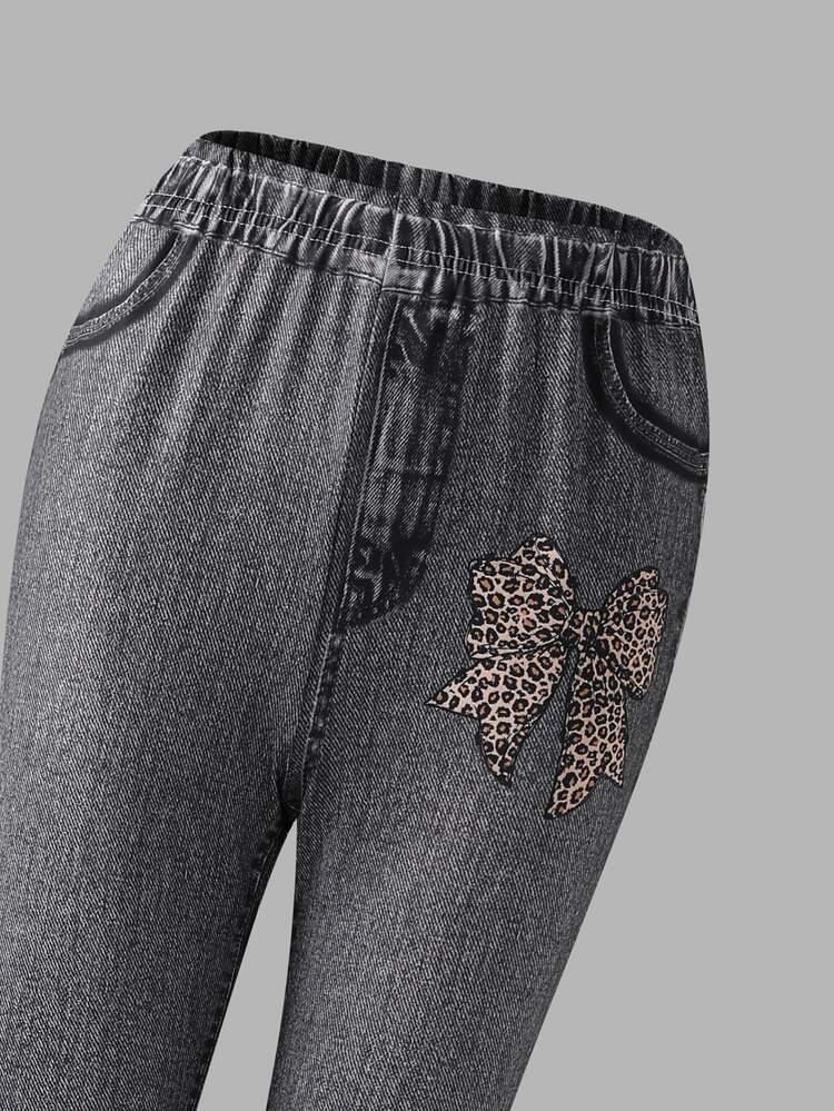 SHEIN Tween Girl) T-Shirt Set, Leopard Print Design T-Shirt Top And Flared Printed Long Pants School Student Beige Grey Autumn Cute - Black - View 9