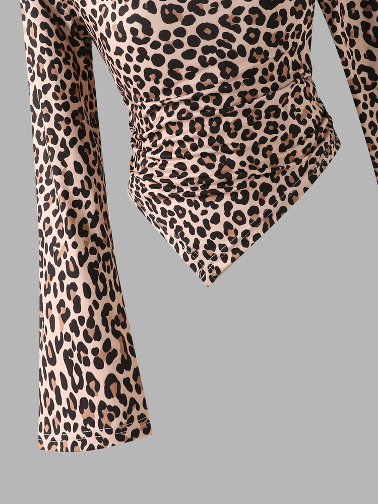 SHEIN Tween Girl) T-Shirt Set, Leopard Print Design T-Shirt Top And Flared Printed Long Pants School Student Beige Grey Autumn Cute - Black - View 5