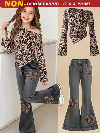 SHEIN Tween Girl) T-Shirt Set, Leopard Print Design T-Shirt Top And Flared Printed Long Pants School Student Beige Grey Autumn Cute