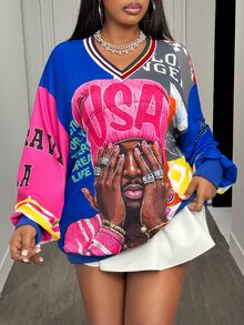 Slaydiva Sweatshirt Wanita Gaya Koboi 90-an Y2K, Kotak-kotak Biru Muda Putih, Musim Gugur, Pesta Rave, Brunch, Kencan Malam, Hari Kemerdekaan, Leher V Lengan Panjang Warna Kontras, Grafiti Musim Gugur - MultiWarna - View 5