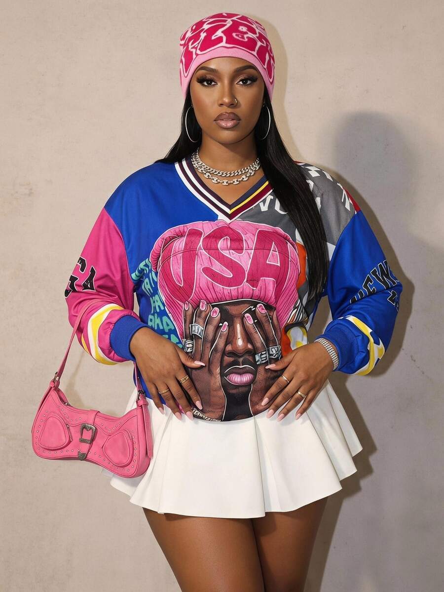 Slaydiva Sweatshirt Wanita Gaya Koboi 90-an Y2K, Kotak-kotak Biru Muda Putih, Musim Gugur, Pesta Rave, Brunch, Kencan Malam, Hari Kemerdekaan, Leher V Lengan Panjang Warna Kontras, Grafiti Musim Gugur - MultiWarna - View 1
