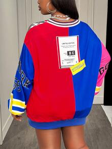 Slaydiva Sweatshirt Wanita Gaya Koboi 90-an Y2K, Kotak-kotak Biru Muda Putih, Musim Gugur, Pesta Rave, Brunch, Kencan Malam, Hari Kemerdekaan, Leher V Lengan Panjang Warna Kontras, Grafiti Musim Gugur - MultiWarna - View 2