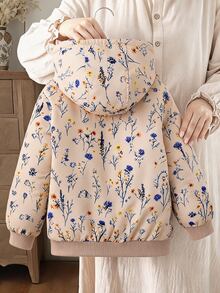SHEIN 女童素色拉鍊夾克，保暖內裡刺繡，秋冬外套，職業日學生款，米色可愛牛仔女孩風 - 彩色 - 查看 2