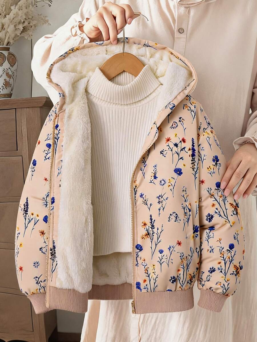 SHEIN 女童素色拉鍊夾克,保暖內裡刺繡,秋冬外套,職業日學生款,米色可愛牛仔女孩風 - 彩色 - 查看 1