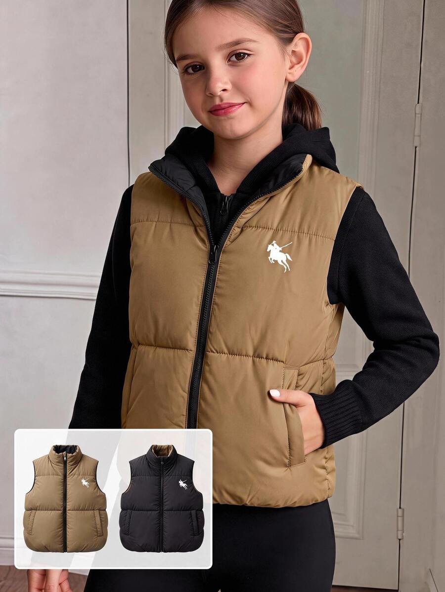SHEIN Girls' Corduroy Vest, Vintage Autumn/Winter Versatile Piece. High Neck Zipper Sleeveless Padded Vest, Vertical Striped Corduroy Fabric, - Black - View 1