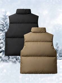SHEIN Girls' Corduroy Vest, Vintage Autumn/Winter Versatile Piece. High Neck Zipper Sleeveless Padded Vest, Vertical Striped Corduroy Fabric, - Black - View 2