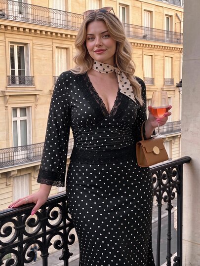 SHEIN MOD Große Größen Vintage Sexy V-Ausschnitt Spitze Patchwork Glockenärmel Top + figurbetonter Meerjungfrau Rock, klassisches Retro Polka Dot Set, geeignet für Alltag, Schulanfang, Urlaub, Party und andere Anlässe
