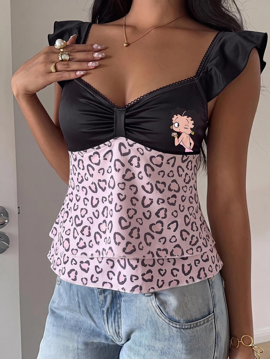 Betty Boop x SHEIN SHEIN EZwear 女款復古豹紋拼接蕾絲甜美休閒性感荷葉袖上衣,適合外出、街頭穿搭、機場造型 - 彩色 - 查看 1
