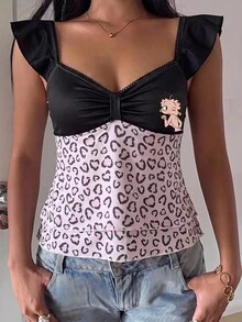 Betty Boop x SHEIN SHEIN EZwear 女款復古豹紋拼接蕾絲甜美休閒性感荷葉袖上衣，適合外出、街頭穿搭、機場造型 - 彩色 - 查看 4