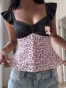 Betty Boop x SHEIN SHEIN EZwear 女款復古豹紋拼接蕾絲甜美休閒性感荷葉袖上衣，適合外出、街頭穿搭、機場造型 - 彩色 - 查看 2