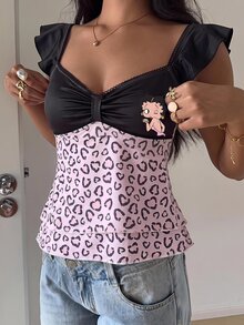 Betty Boop x SHEIN SHEIN EZwear 女款復古豹紋拼接蕾絲甜美休閒性感荷葉袖上衣，適合外出、街頭穿搭、機場造型 - 彩色 - 查看 6