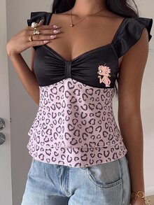 Betty Boop x SHEIN SHEIN EZwear 女款復古豹紋拼接蕾絲甜美休閒性感荷葉袖上衣，適合外出、街頭穿搭、機場造型 - 彩色 - 查看 8