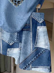 [Denim Effect] 青少年女孩復古豹紋愛心拼接刺繡圖案印花休閒簡約短袖T恤與短褲兩件套，適合夏季 - 彩色 - 查看 5