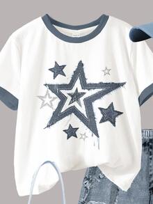 SHEIN Leap Crew [Denim Effect] 青少年女孩休閒極簡短袖T恤與短褲兩件套，夏季 - 彩色 - 查看 4