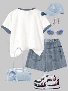 SHEIN Leap Crew [Denim Effect] 青少年女孩休閒極簡短袖T恤與短褲兩件套，夏季 - 彩色 - 查看 6