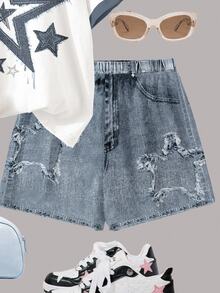 SHEIN Leap Crew [Denim Effect] 青少年女孩休閒極簡短袖T恤與短褲兩件套，夏季 - 彩色 - 查看 5
