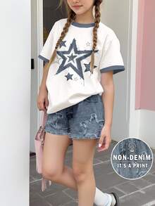 SHEIN Leap Crew [Denim Effect] 青少年女孩休閒極簡短袖T恤與短褲兩件套，夏季 - 彩色 - 查看 1