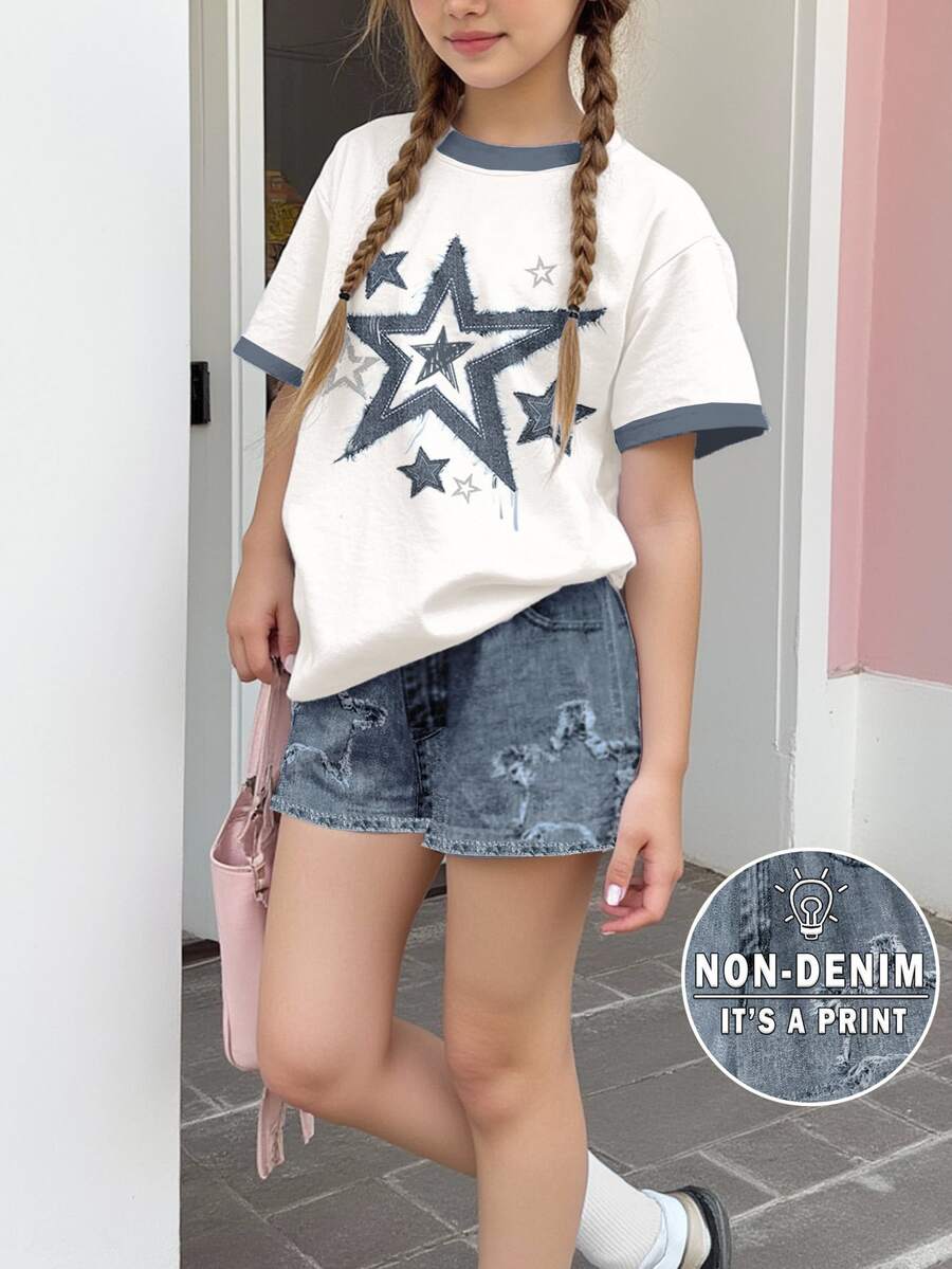 SHEIN Leap Crew [Denim Effect] 青少年女孩休閒極簡短袖T恤與短褲兩件套，夏季 - 彩色 - 查看 1