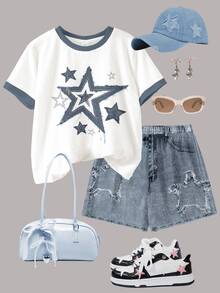 SHEIN Leap Crew [Denim Effect] 青少年女孩休閒極簡短袖T恤與短褲兩件套，夏季 - 彩色 - 查看 3