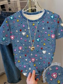 [Denim Effect] 青少年女孩休閒可愛甜美亮面愛心印花，鈷藍色亮眼，修身圓領短袖高腰短版基本款T恤，夏季圖案T恤，舒適Y2K復古上衣 - 彩色 - 查看 7