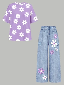 [Denim Effect] 青少年女孩復古甜美紫色花卉印花圖案，塗鴉風格花卉少女感 Y2K T恤，可愛夏季圓領短袖T恤與休閒長褲2件套，夏季穿搭 - 彩色 - 查看 9