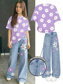 [Denim Effect] 青少年女孩復古甜美紫色花卉印花圖案，塗鴉風格花卉少女感 Y2K T恤，可愛夏季圓領短袖T恤與休閒長褲2件套，夏季穿搭 - 彩色 - 查看 1