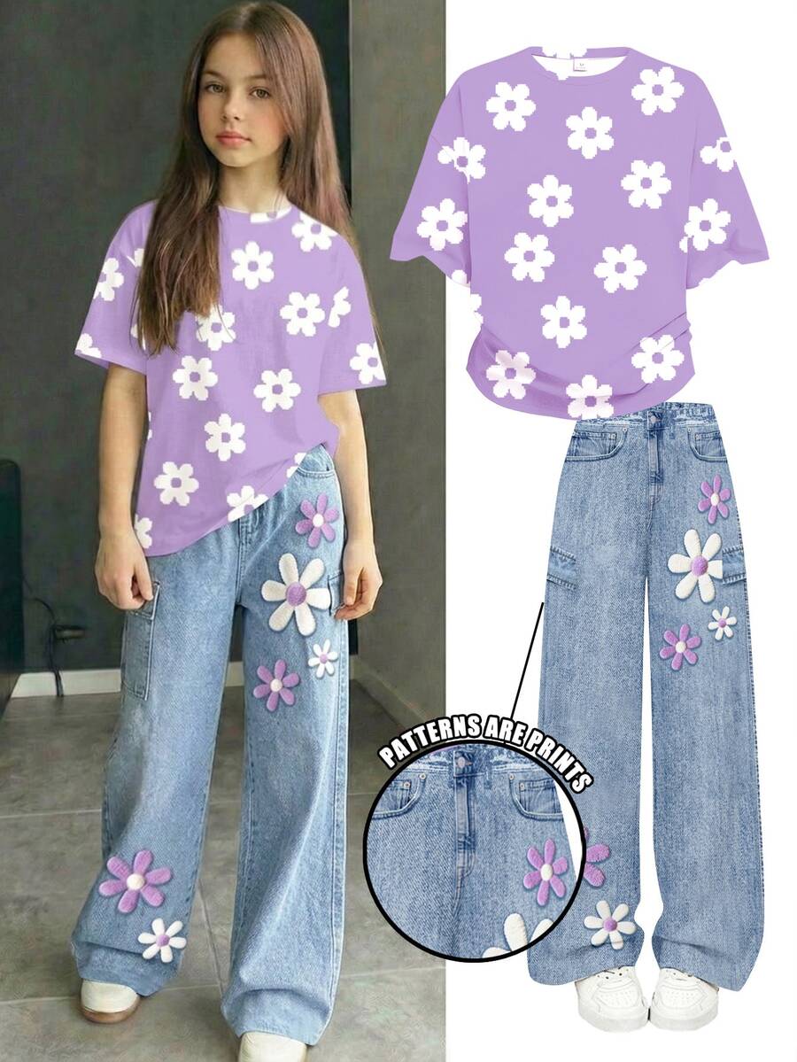 [Denim Effect] 青少年女孩復古甜美紫色花卉印花圖案，塗鴉風格花卉少女感 Y2K T恤，可愛夏季圓領短袖T恤與休閒長褲2件套，夏季穿搭 - 彩色 - 查看 1