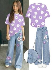 [Denim Effect] 青少年女孩復古甜美紫色花卉印花圖案，塗鴉風格花卉少女感 Y2K T恤，可愛夏季圓領短袖T恤與休閒長褲2件套，夏季穿搭 - 彩色 - 查看 8