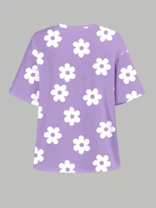 [Denim Effect] 青少年女孩復古甜美紫色花卉印花圖案，塗鴉風格花卉少女感 Y2K T恤，可愛夏季圓領短袖T恤與休閒長褲2件套，夏季穿搭 - 彩色 - 查看 4