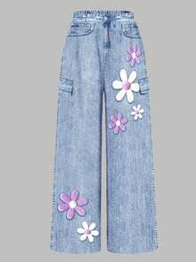 [Denim Effect] 青少年女孩復古甜美紫色花卉印花圖案，塗鴉風格花卉少女感 Y2K T恤，可愛夏季圓領短袖T恤與休閒長褲2件套，夏季穿搭 - 彩色 - 查看 7
