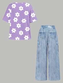 [Denim Effect] 青少年女孩復古甜美紫色花卉印花圖案，塗鴉風格花卉少女感 Y2K T恤，可愛夏季圓領短袖T恤與休閒長褲2件套，夏季穿搭 - 彩色 - 查看 3