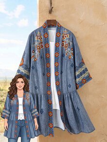 Rusticease Plus Size Colorblock Ruffle Trim 3/4 Sleeve Jacket Autumn Vacation Wedding Guest Formal Blue Check 1920 Vintage Elegant Casual - Multicolor - View 6
