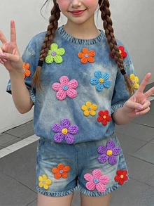 【印花設計】少女休閒可愛紋理花卉甜美奶油風田園風，圓領短袖T恤與寬鬆短褲兩件套，適合春夏，圖案舒適Y2K復古度假穿搭 - 彩色 - 查看 1