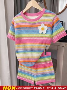 [印花設計] 青少年女孩休閒極簡短袖T恤與短褲花卉印花兩件套，適合夏季 - 彩色 - 查看 1