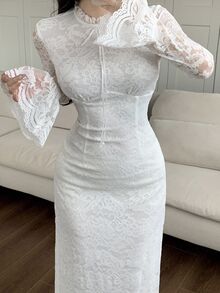 Feyla Women's Solid Color Lace Trim Long Casual Dress Long Evening Dresses - White - View 7