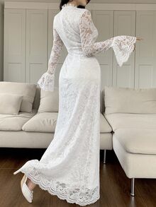 Feyla Women's Solid Color Lace Trim Long Casual Dress Long Evening Dresses - White - View 5
