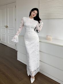 Feyla Women's Solid Color Lace Trim Long Casual Dress Long Evening Dresses - White - View 4