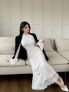 Feyla Women's Solid Color Lace Trim Long Casual Dress Long Evening Dresses - White - View 6