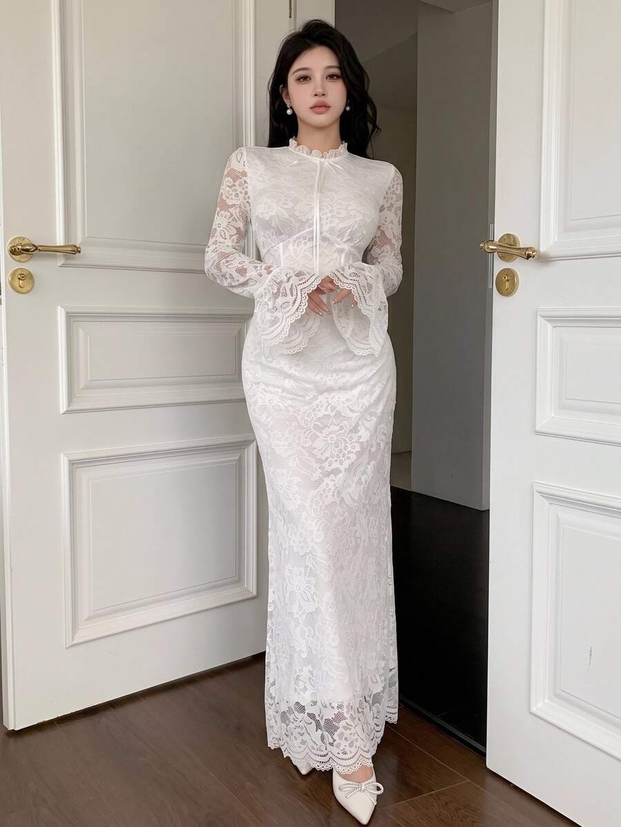 Feyla Women's Solid Color Lace Trim Long Casual Dress Long Evening Dresses