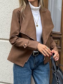 SHEIN LUNE 休閒女款秋冬PU長袖夾克 日常通勤 棕色系 2026冬季服飾 - 彩色 - 查看 7