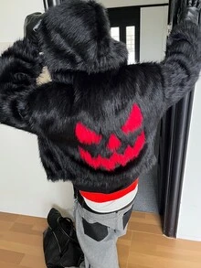 STEELVANCE Men Halloween Evil Face Print Fluffy Faux Fur Hooded Coat Casual Warm Plush Zip Up Jacket ( - Black - View 3