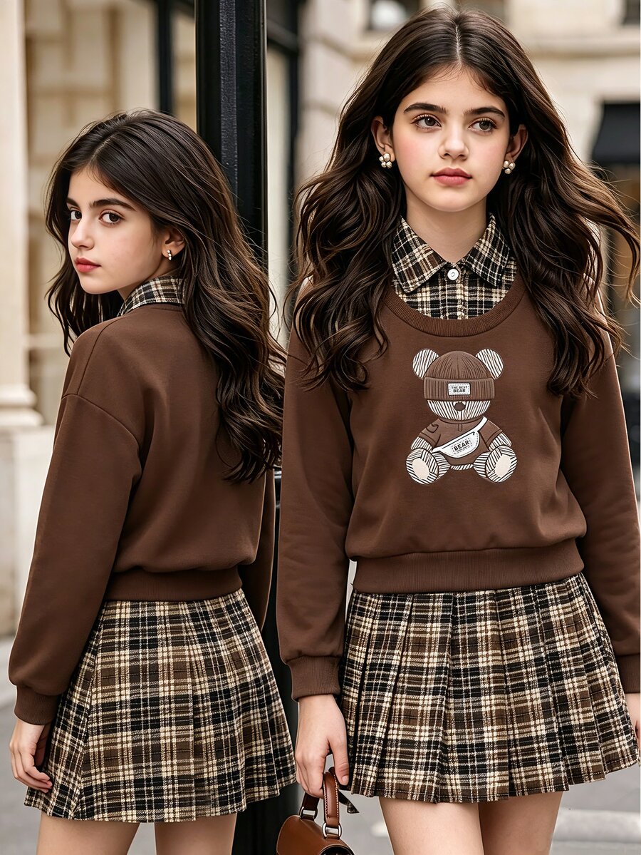 SHEIN Tween Girls Fall Tops 2pcs Set T-Shirt Co-Ords,Vintage,Loose, Knit, Casual, Fall, Holiday Outfits, Comfortable - Multicolor - View 1