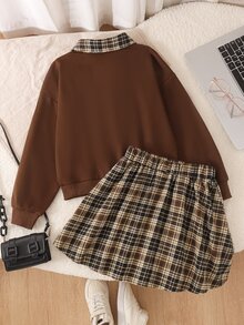 SHEIN Tween Girls Fall Tops 2pcs Set T-Shirt Co-Ords,Vintage,Loose, Knit, Casual, Fall, Holiday Outfits, Comfortable - Multicolor - View 2