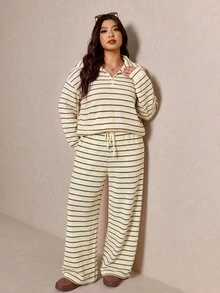 Elaquor 大尺碼女款條紋長袖上衣與長褲休閒日常兩件套 - 杏色 - 查看 6
