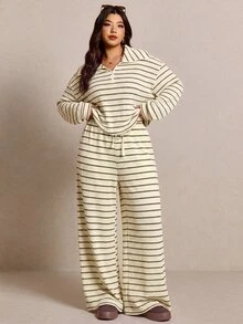 Elaquor 大尺碼女款條紋長袖上衣與長褲休閒日常兩件套 - 杏色 - 查看 7