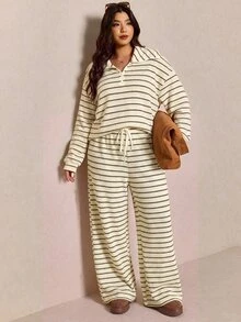 Elaquor 大尺碼女款條紋長袖上衣與長褲休閒日常兩件套 - 杏色 - 查看 5